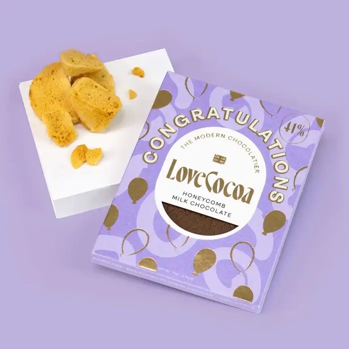 Love Cocoa & H!P [No duties when shipping to US!] – wholesale Chocolate bar – 'Congrats' Honeycomb Milk Choc Bar1