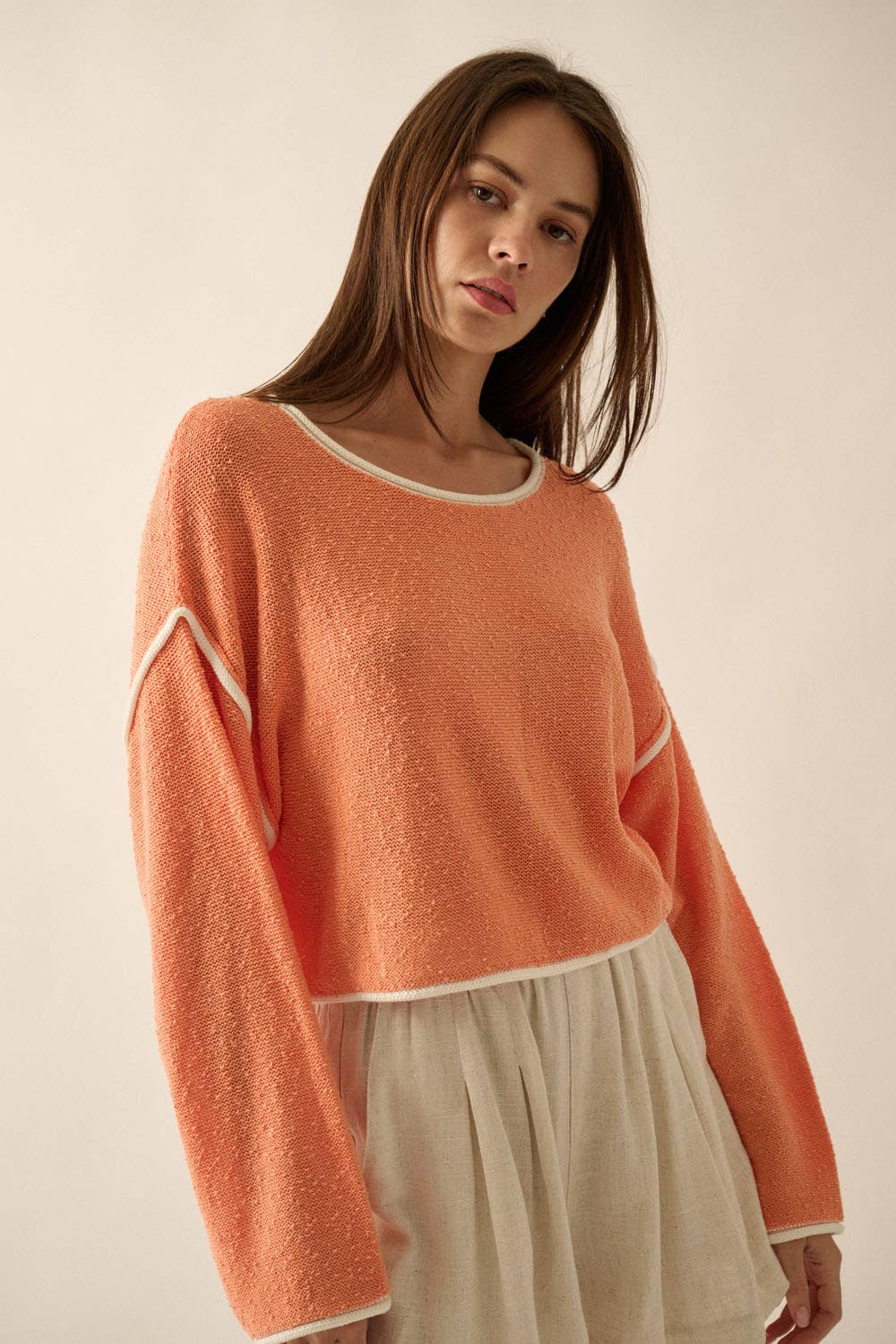 Promesa USA - Wholesale Knit Sweater - Women's - Loose Knit Boat Neck Exposed Seam Crop Sweater74