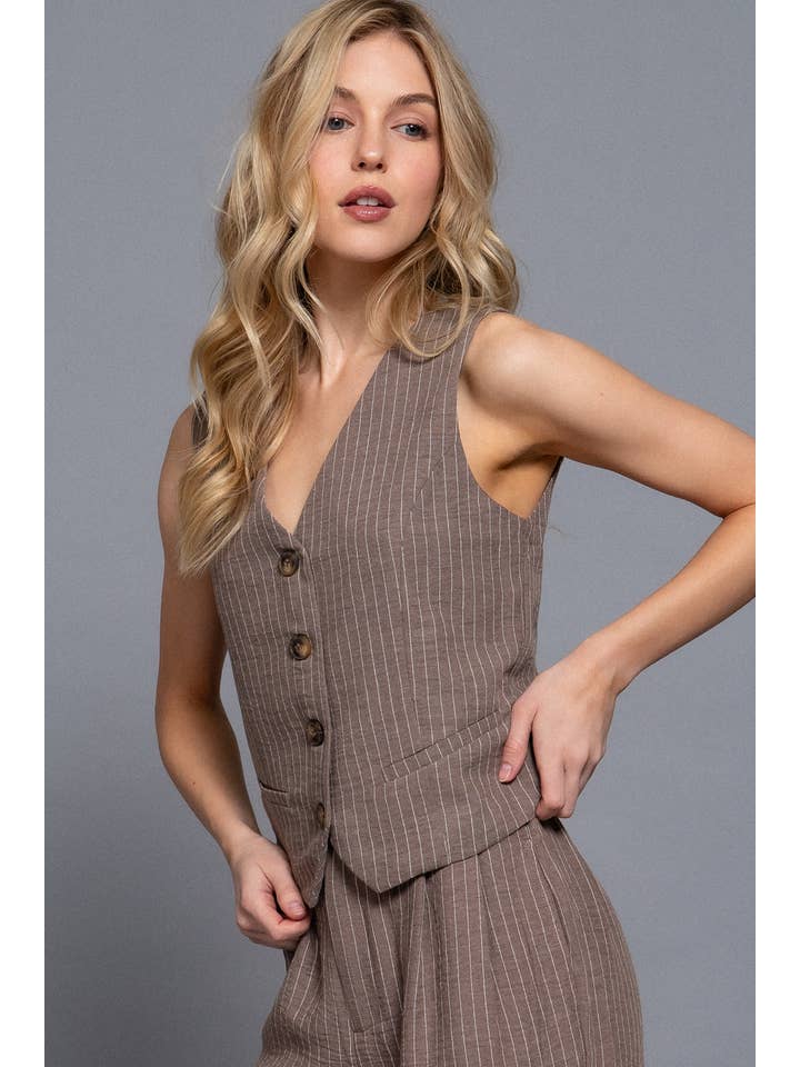 Active Basic | Active USA – Engroshandel Habitvest – til kvinder – V-udskæring Foran Knaplukning Linned Effekt Vest2