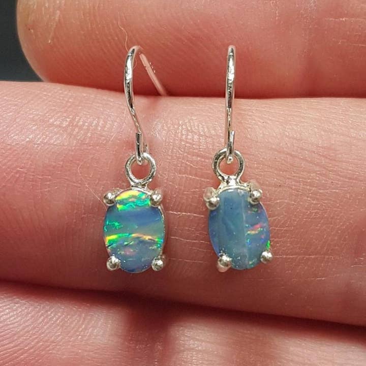 Oval Australian Opal Drop Earrings, Blue Opal Doublets for wholesale by OlliesOpals