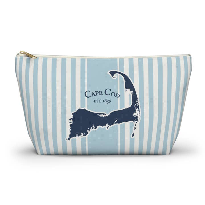 Bolsa de accesorios con rayas azules y mapa de Cape Cod, estuche con fondo en T para venta al por mayor de Lyn Roma