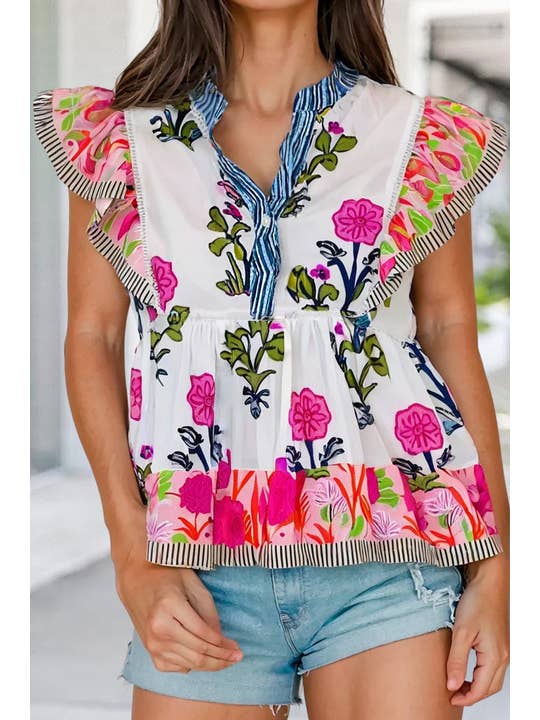 As shown Sassy Floral Print V Neck Ruffled Sleeve Blouse | S-XL for wholesale on Faire