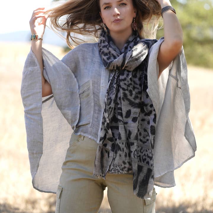 Himalayan Leopard Print Wool Scarf/Wrap Grey for wholesale on Faire