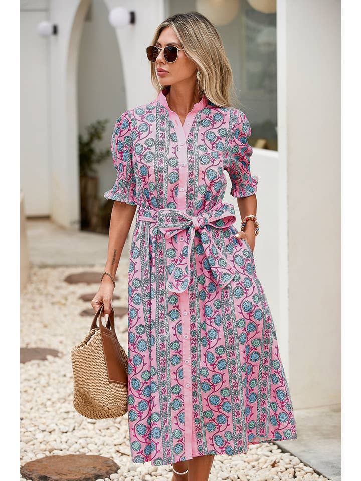 Pink LDC Floral Shirred Puff Sleeve Buttoned Front Midi Dress for wholesale on Faire