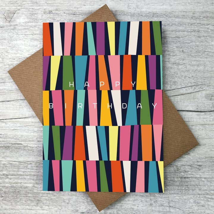 'Happy Birthday' Rainbow Geometric Patterned Birthday Card for wholesale by Joanne de Pace Design Studio