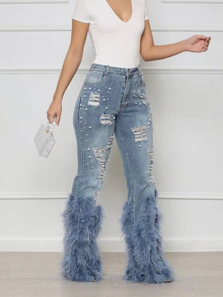 Aria Romance - Vente Jean – femme - Jean évasé à franges perlées1