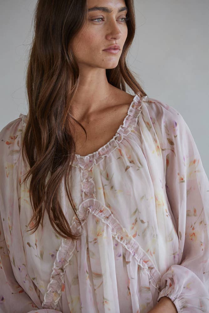 Blush Multi L9718 | Woven Polyester Floral Print V-Neck Long Sleeve Top  for wholesale on Faire1