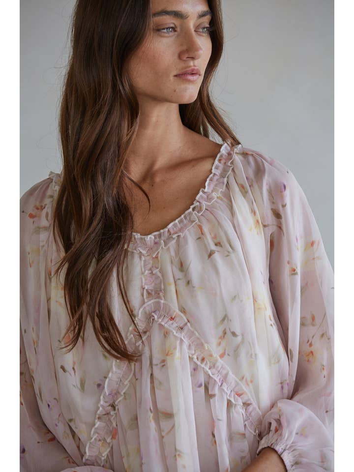 Blush Multi L9718 | Woven Polyester Floral Print V-Neck Long Sleeve Top for wholesale on Faire1