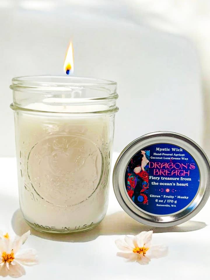 Dragon's Blood - (Dragon's Breath) Cire d'abricot/noix de coco - Bougie en pot Mason 6 oz pour la vente par Mystic Wick LLC