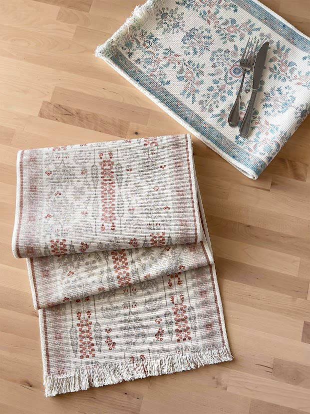 Fennco Styles - Wholesale Table Runner - Green Botanical Flower Fringed Cotton Blend Table Runner2