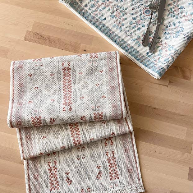 Fennco Styles - Wholesale Table Runner - Coral Botanical Flower Fringed Cotton Blend Table Runner6