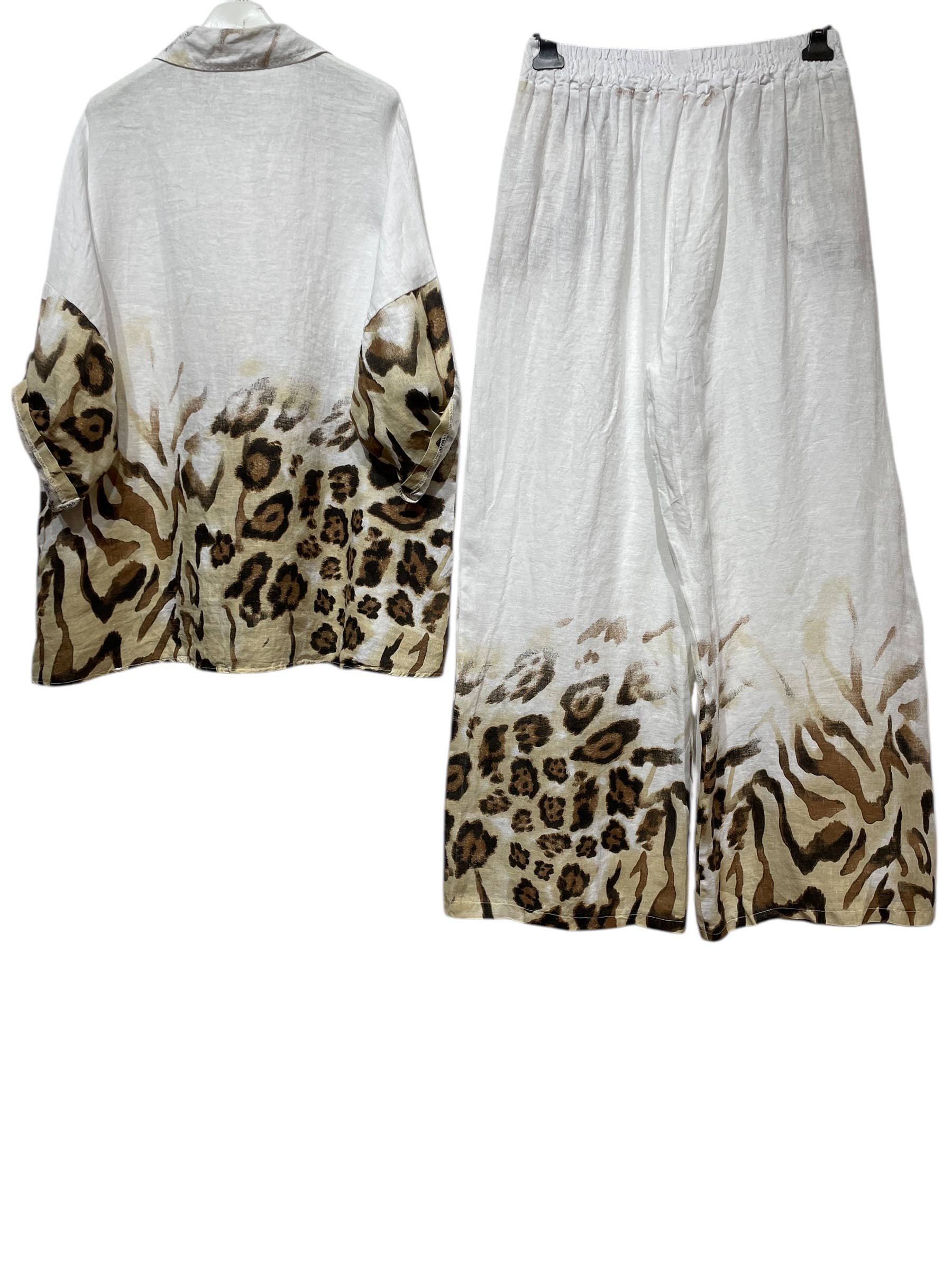 LINEN & COTTON HOUSE – Engroshandel Overdelssæt – til kvinder – Leopardmønstret hørskjorte og bukser sæt 09002 4840314