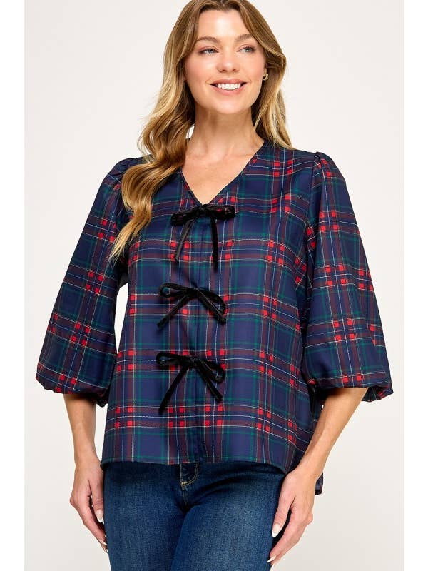 MintChoco - Wholesale Screen Printed T-Shirt - Women's - Plaid Holiday tie front blouse11
