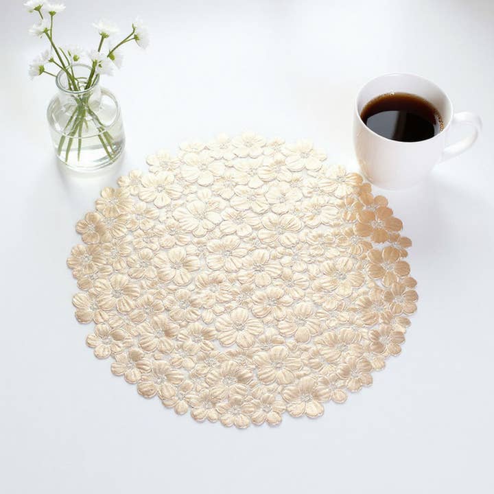 4-Piece Round Floral Cutout Placemat with Embroidered Petal for wholesale by AK Brand