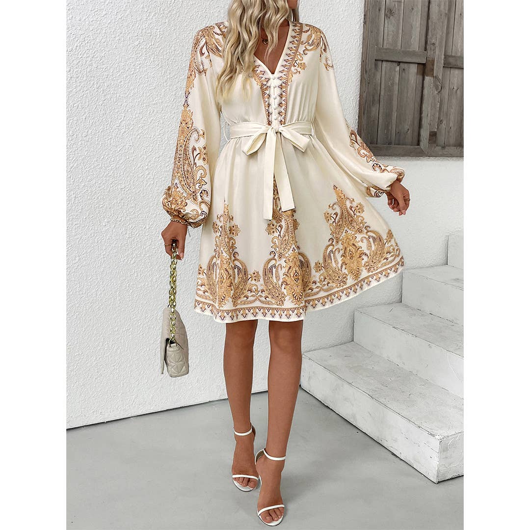 Apricot Elegant Ethnic Vintage V-Neck Paisley Print Dress BFZY1651 for wholesale on Faire2