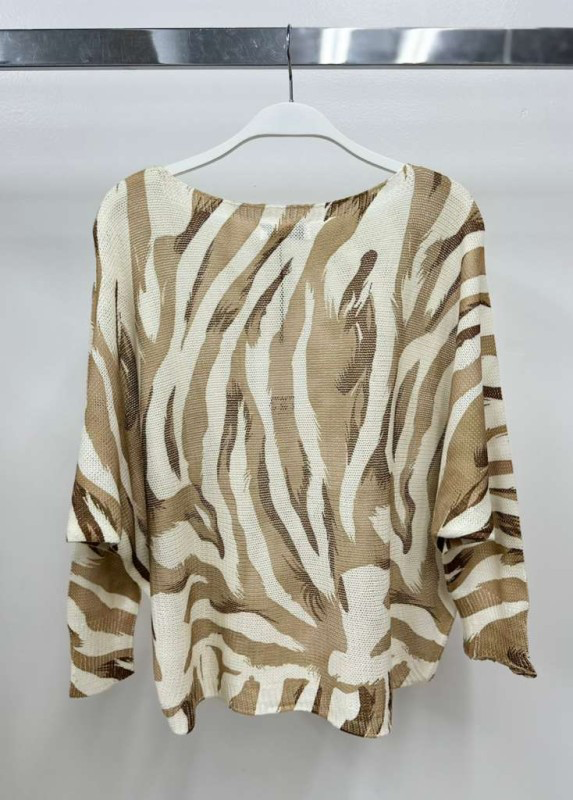 VENTI6 - Vente Pull en maille – femme - PULL EN MAILLE AVEC IMPRIMÉ TIGRE EN FEUILLE D'OR (90668-9066-FOILTIGER)1