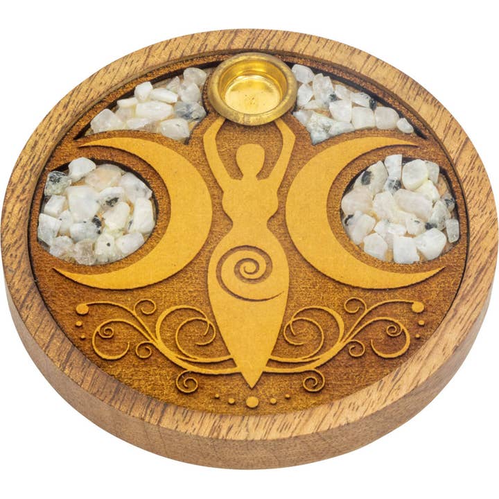 Kheops International - Venta al por mayor Portainciensos - Porta incienso redondo de madera grabada con láser, Moon Goddess w/ Rai