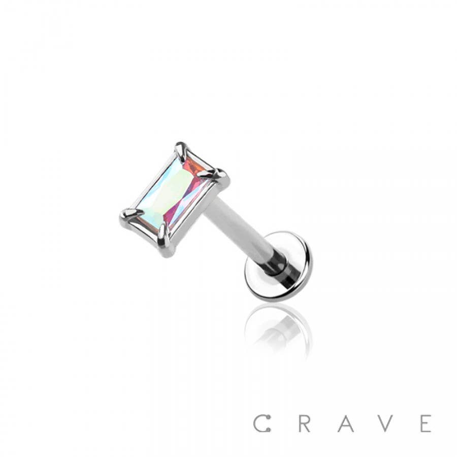 CRAVE - Wholesale Single Earring - PRONG SET BAGUETTE CZ STONE TOP 316L SURGICAL STEEL INTERNAL2