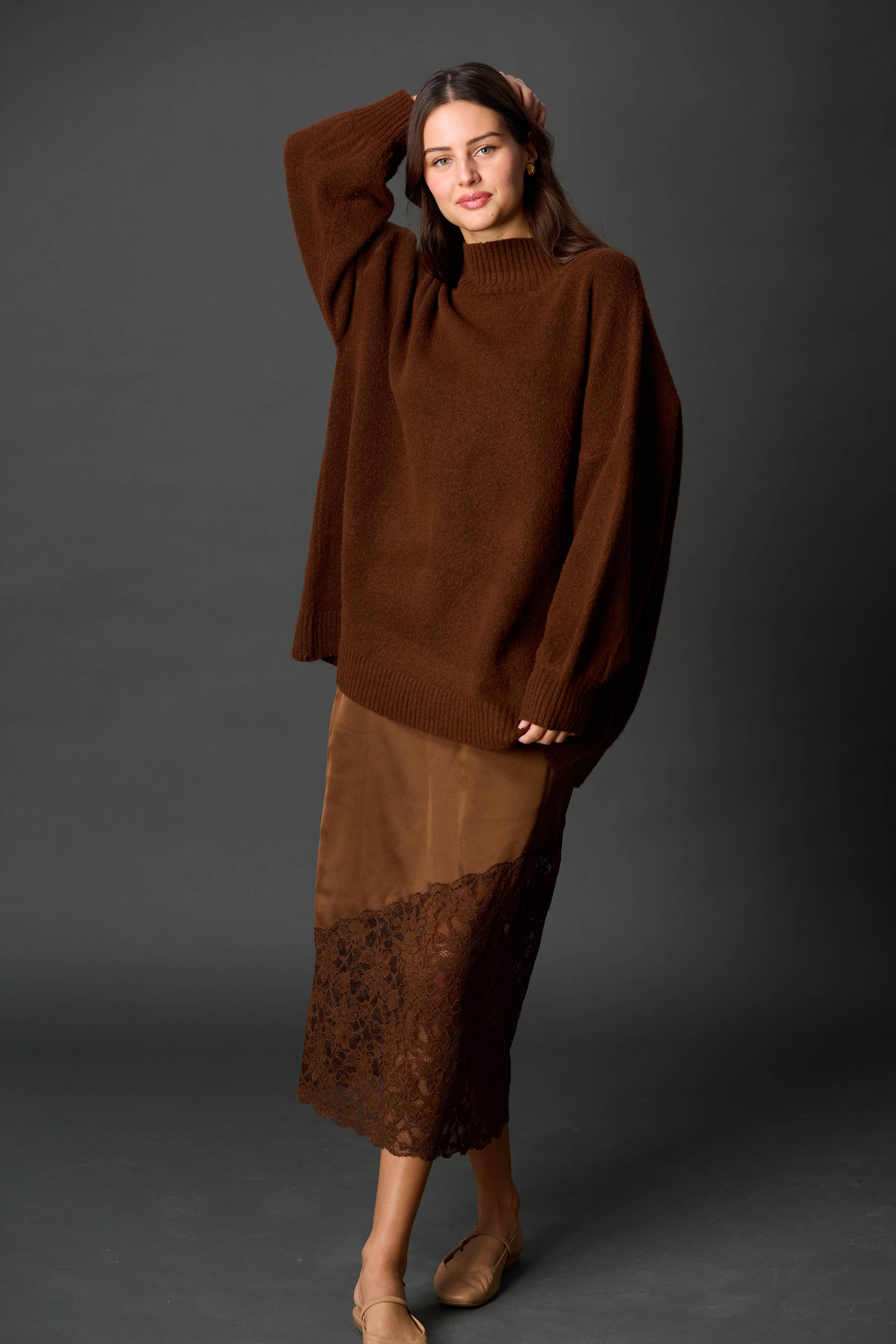 Maroon Knit Ribbed Funnel Neck Oversized Pullover for wholesale on Faire8