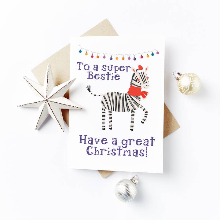Merry Christmas Bestie Card - Zebra Festive Feels Design for wholesale by Flash On A String Designs
