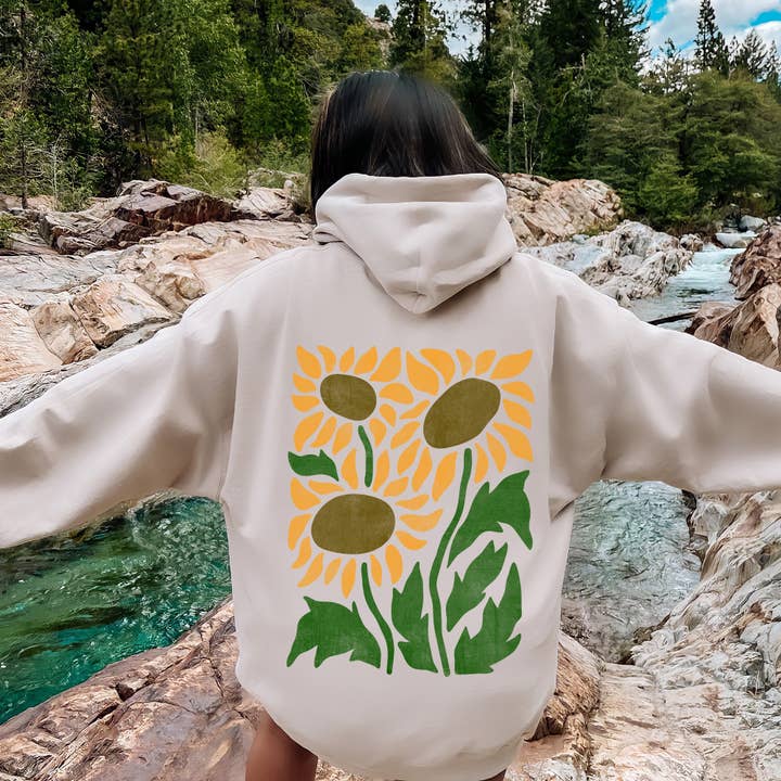 Boho Sunflowers, Retro-Hoodie mit Blumenmuster für den Großhandel von Refinery Number One LLC
