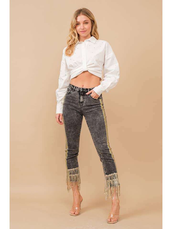 Blue B - Wholesale Jeans - Women's - 80058P - Garment Washed Side Sequin Tape Fringe Denim Jeans4