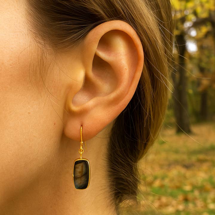 Labradorite Dangle Earring Raw Gold Plated Hook Earrings for wholesale by El Joyero