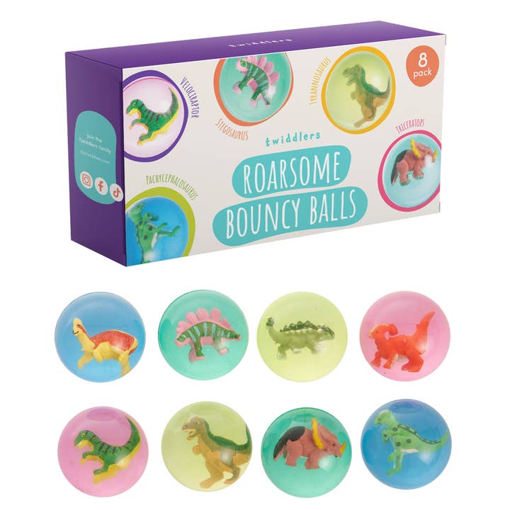 The Twiddlers - Wholesale Sensory Ball - Baby - 8 Dinosaur Bouncy Rubber Balls (4.5cm)