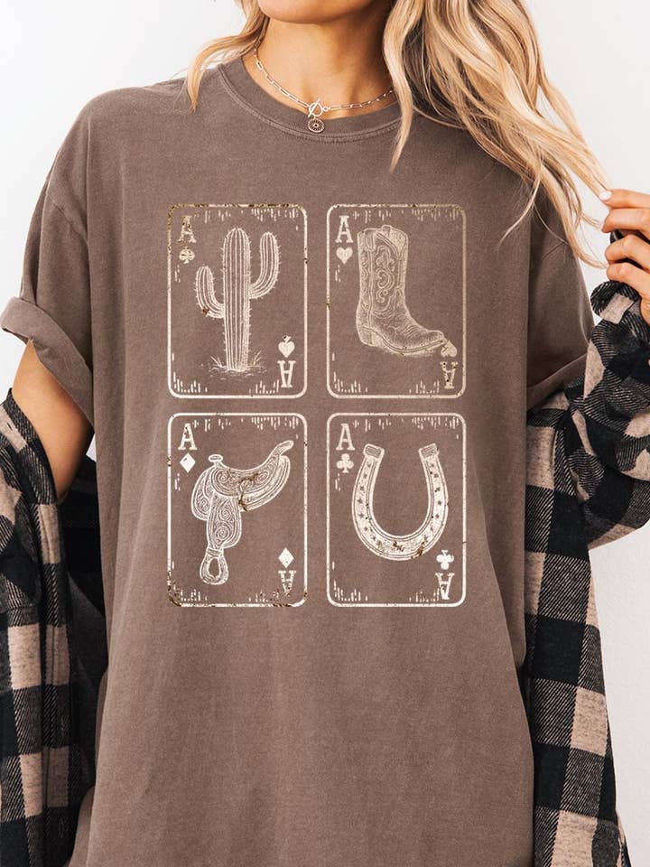 Camiseta teñida con gráfico de tarjeta de vaquera occidental para venta al por mayor de Pink Irene Wholesale