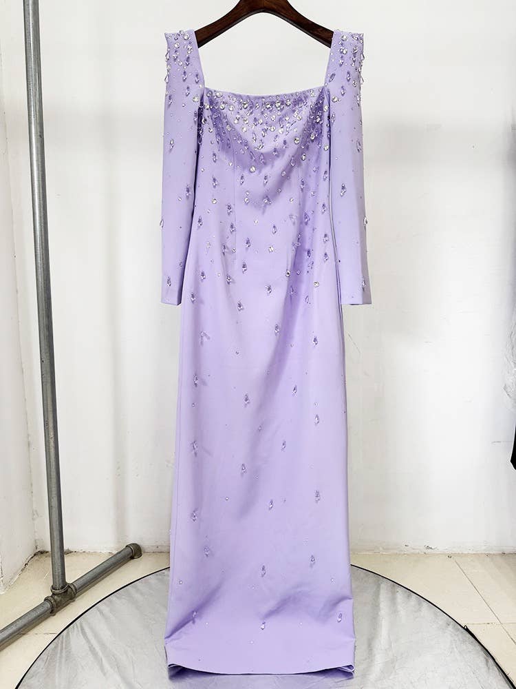 Productseeker – Vestido comprido - Mulher por atacado – Vestido amarelo DR745Y com decote quadrado e diamantes aplicados à mão2