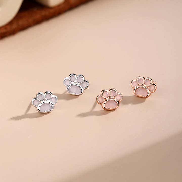 Rose Quartz Cat Paw Stud Earrings in 925 Sterling Silver for wholesale by Perimade & Co. LLC