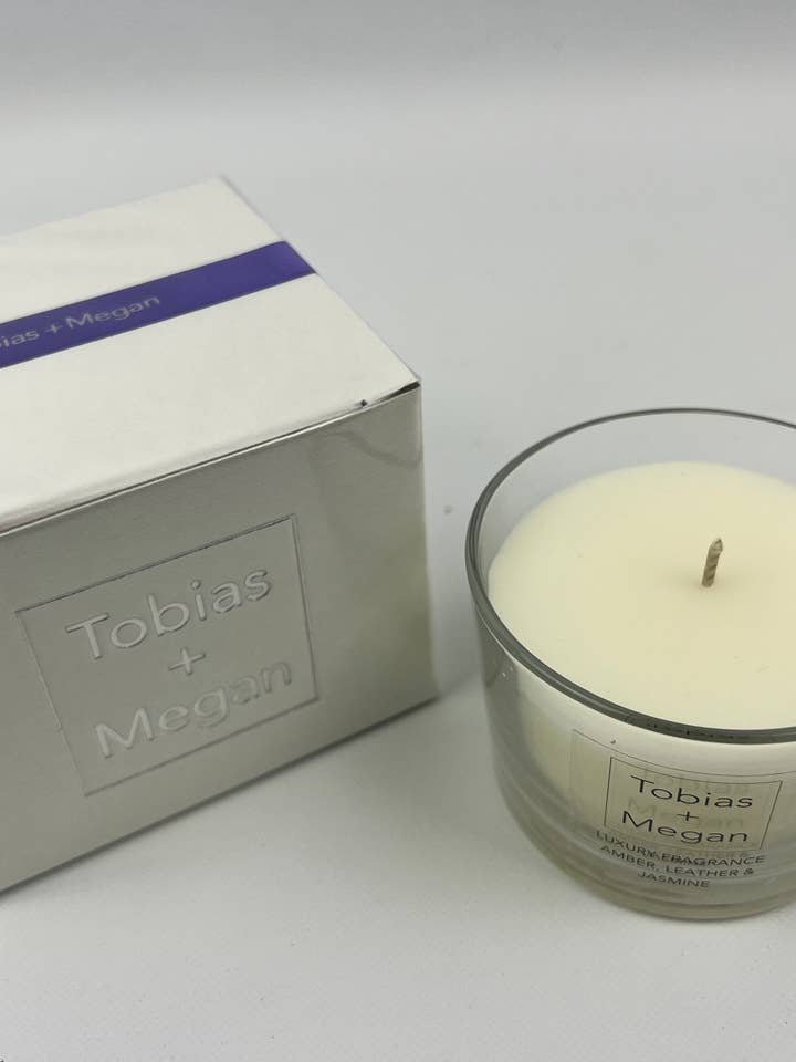 Luxury Fragrance Glass Candle - Amber, Leather and Jasmine for wholesale by The Tobias & Megan Collection