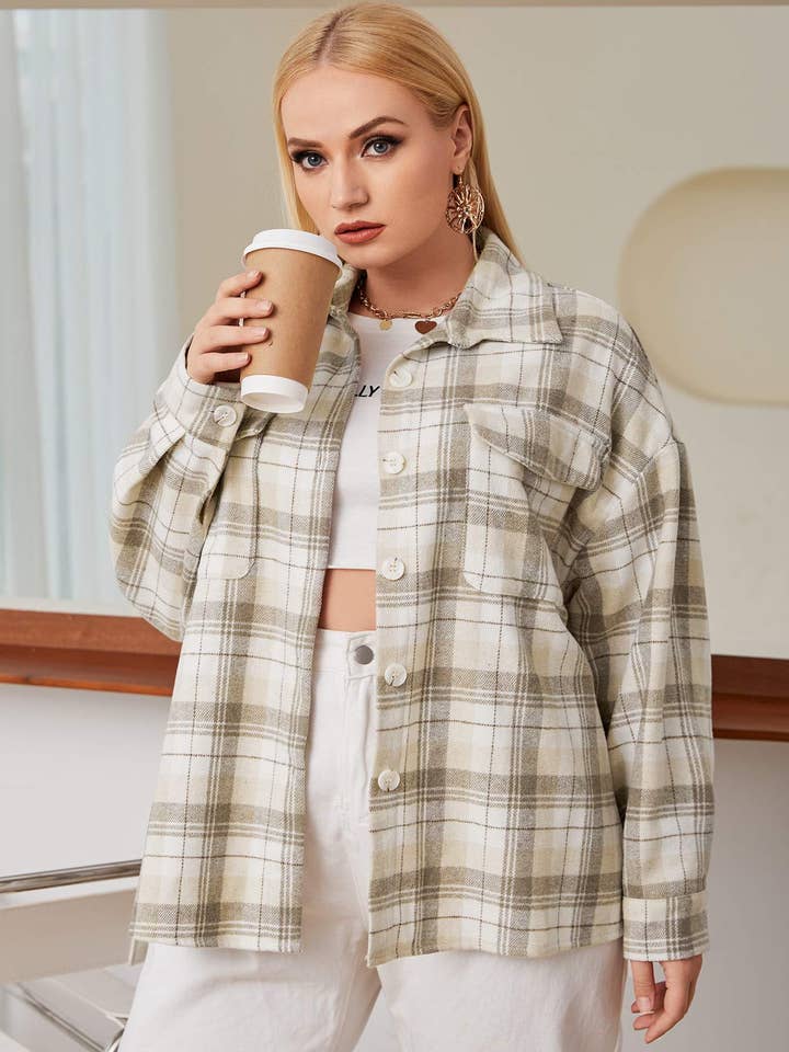 plus plaid single breasted flap pocket jacket for wholesale by Fashion Combination