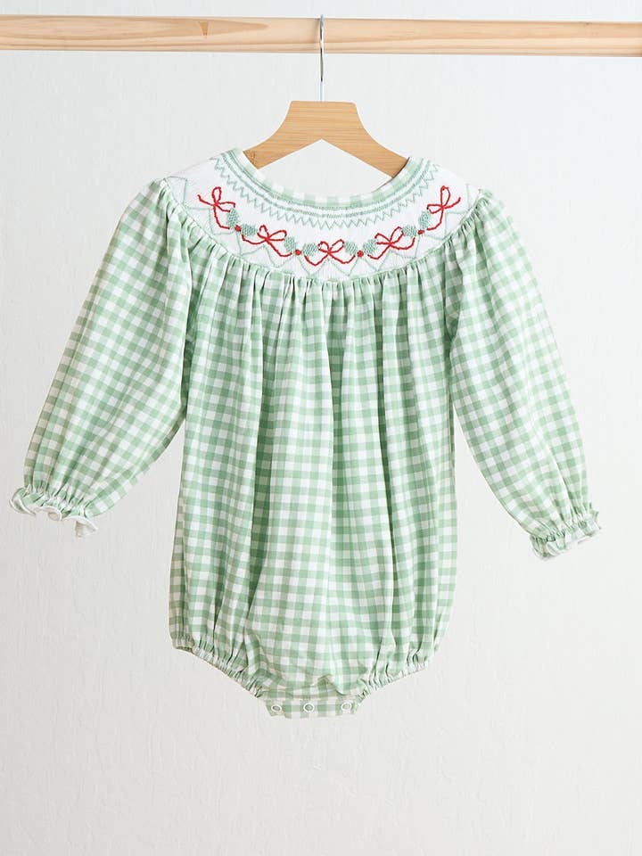 Laço verde bordado à mão xadrez vestido balão para menina por atacado de Mom & Co.