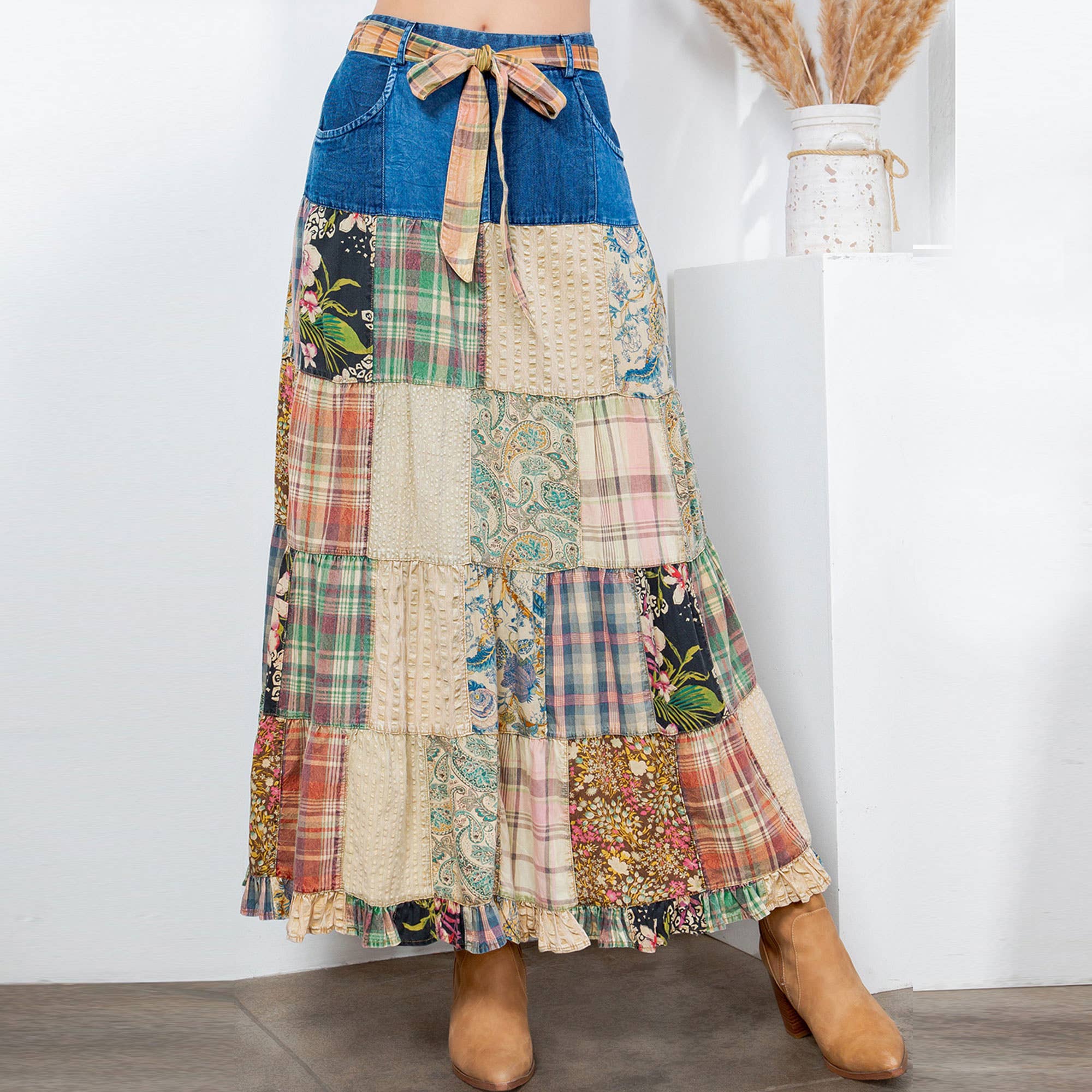 Young Threads - Wholesale Skirt - Women's - Western Boho Chic: Patchwork Belted Skirt  (New Color)19