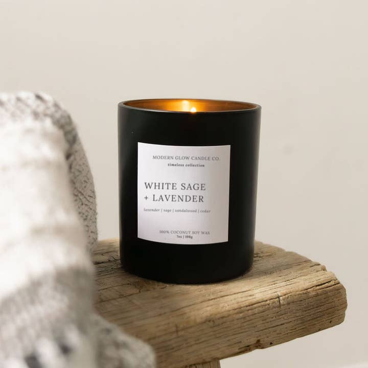 Modern Glow Candle Co. - Wholesale Jar/Filled Candle - White Sage + Lavender - 7oz Matte Black Soy Candle3