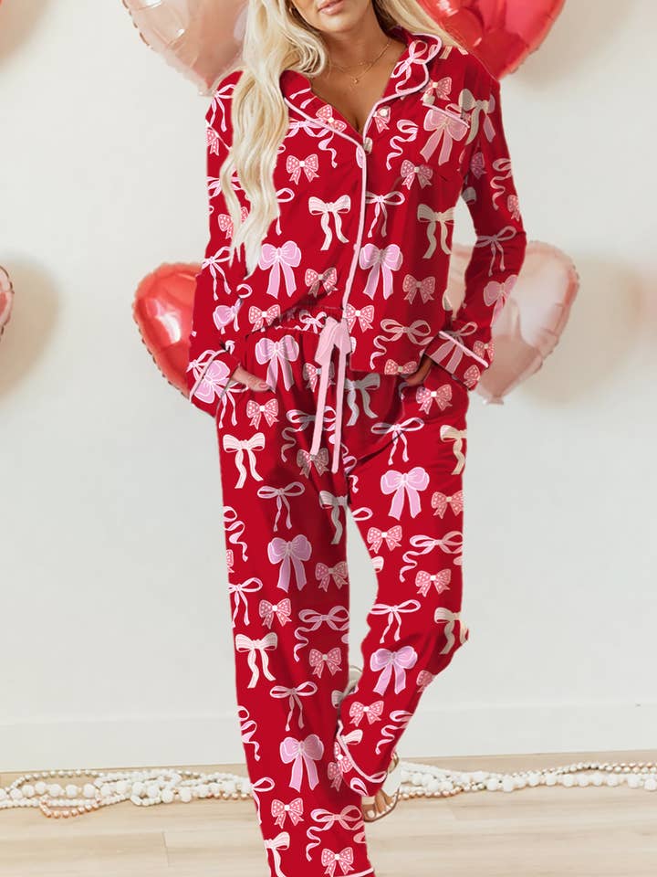 Red Sweet Bow Print Shirt Style Top Long 2pcs Pajama Set for wholesale by Lovesoft