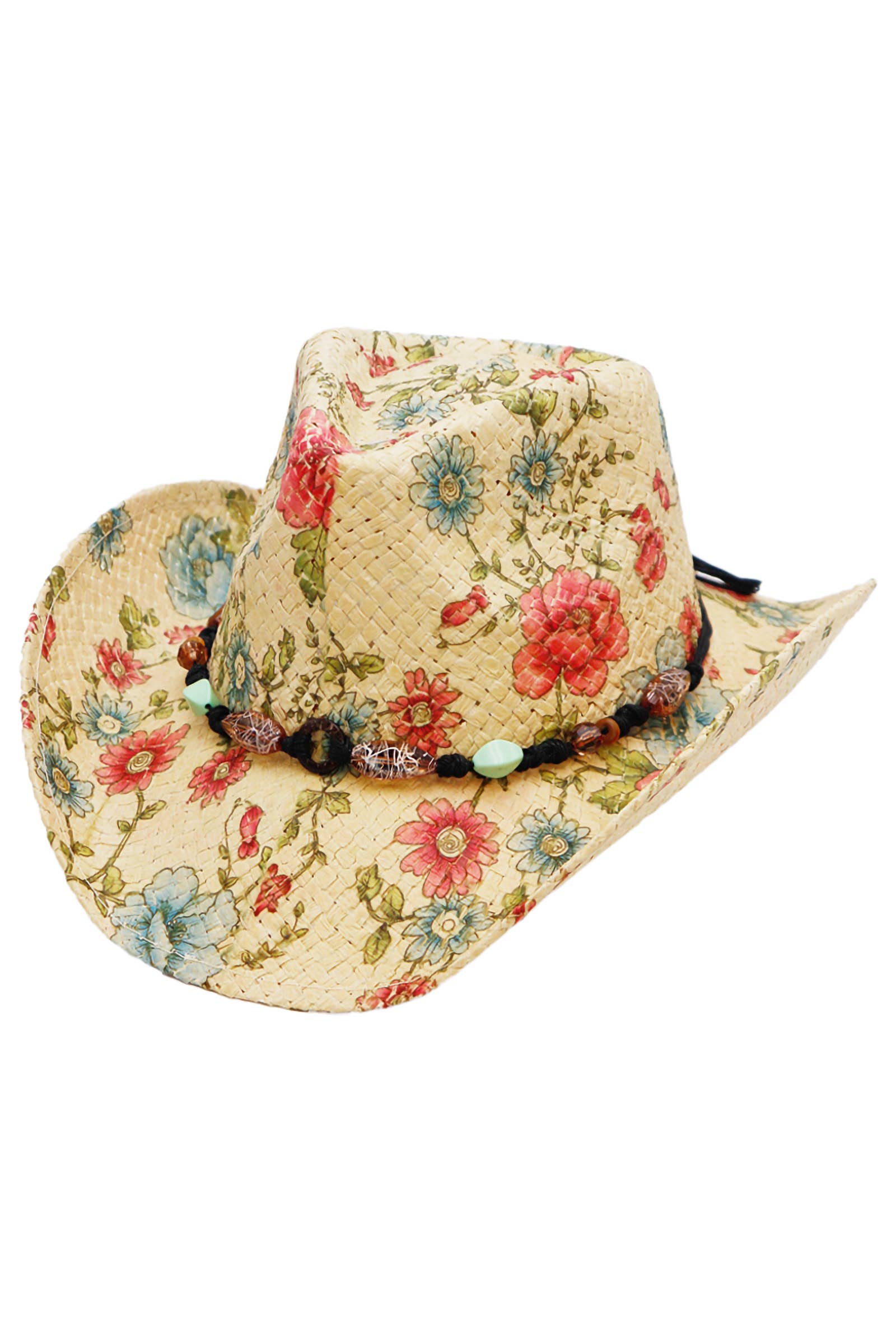 Cap Zone - Wholesale Cowboy Hat - Women's - Floral Print Raffia Paper Straw Cowboy Hat1