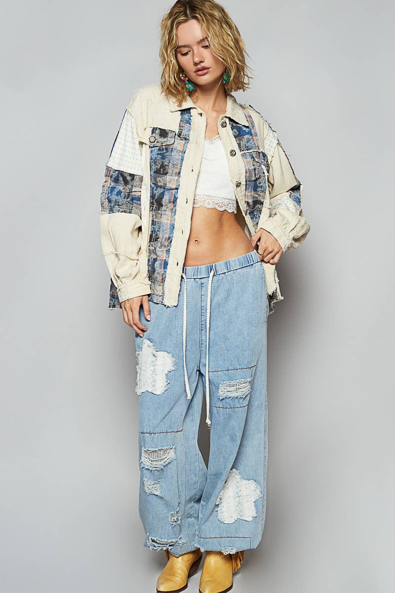OATMILK MULTI Long sleeve plaid mix frayed edge twill jacket SALE for wholesale on Faire4