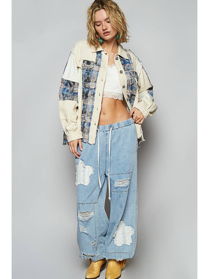 OATMILK MULTI Long sleeve plaid mix frayed edge twill jacket SALE for wholesale on Faire4