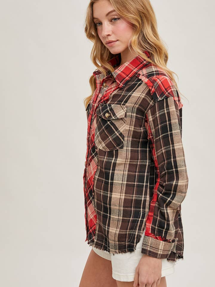 Bluivy - Wholesale Button Down Shirt - Women's - DISTRESSED HEM BUTTON DOWN PLAID SHIRT - 4TH OF JULY15