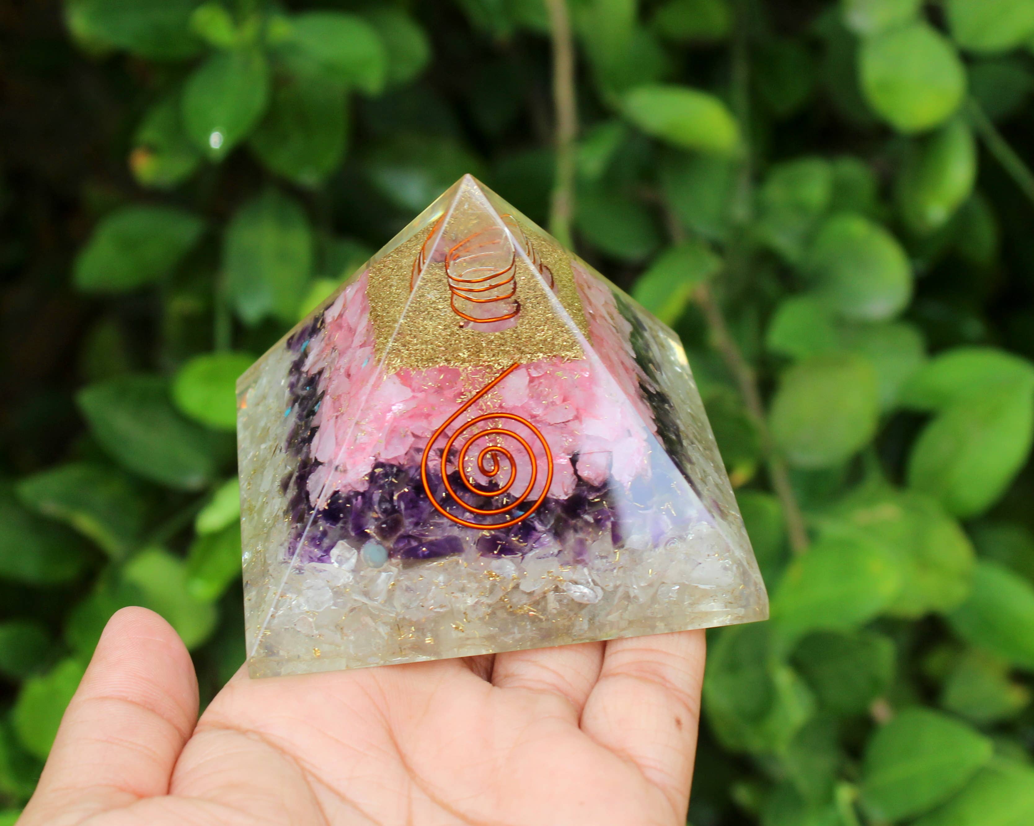 Aura Vibes - Wholesale Spiritual Stone/Crystal - Rose Quartz, Amethyst and Clear Quartz Orgone Pyramid1
