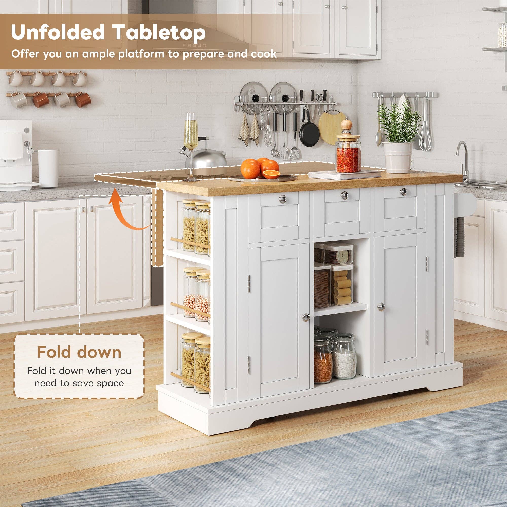 Urban Meuble - Wholesale Kitchen Storage/Organizer - White kitchen island with wood effect, extendable top, storage, and USB ports AMYLOPECT18