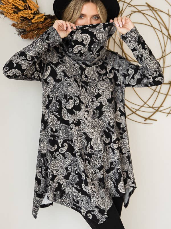 TÚNICA DE PESCOÇO DE CAPUZ BRANCO ESTAMPADO PAISLEY - KRT1178 por atacado de JADE BY JANE