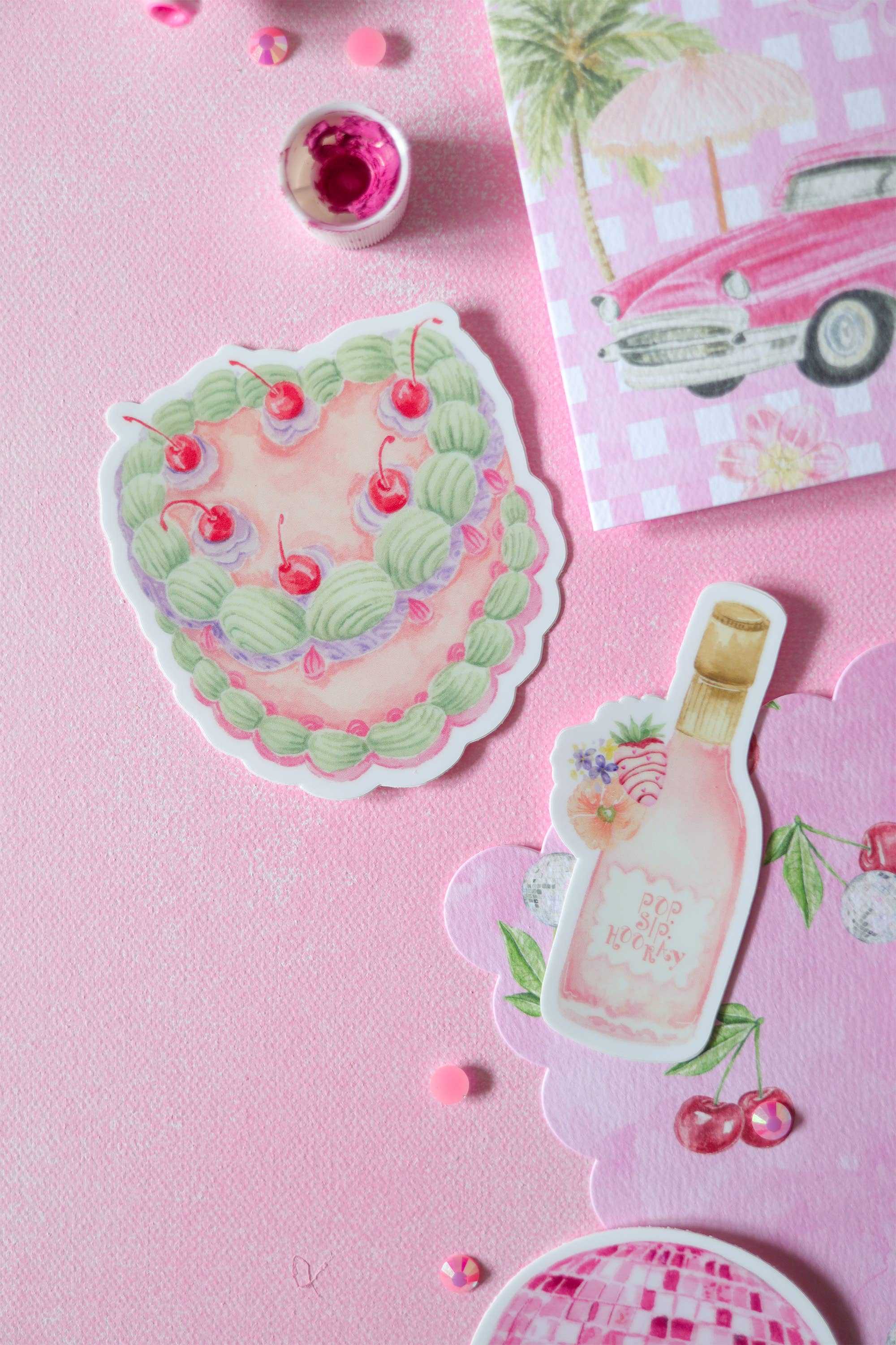 Stephanie Tara Stationery – Engroshandel Klistermærke – pop slurk hooray pink rose flaske mærkat4