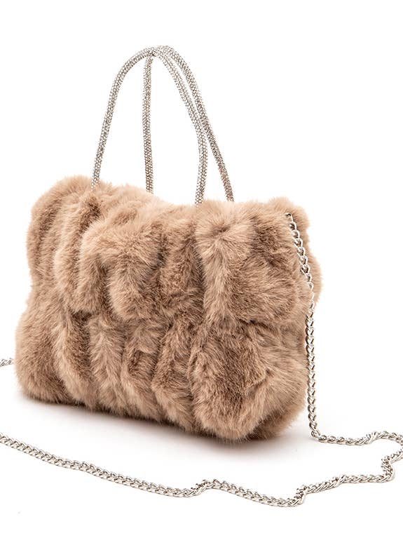 Rhinestone Top Handle Faux Fur Winter Convertible Bag for wholesale by Artini Accessories