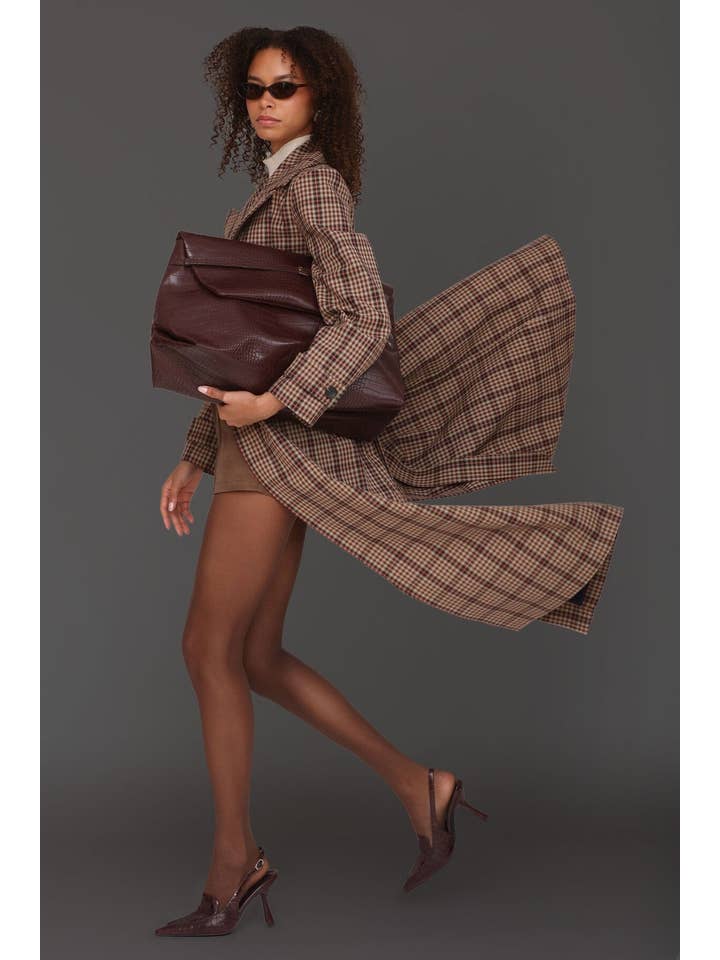 Brown Orange Plaid Belted Maxi Trench Coat for wholesale on Faire0