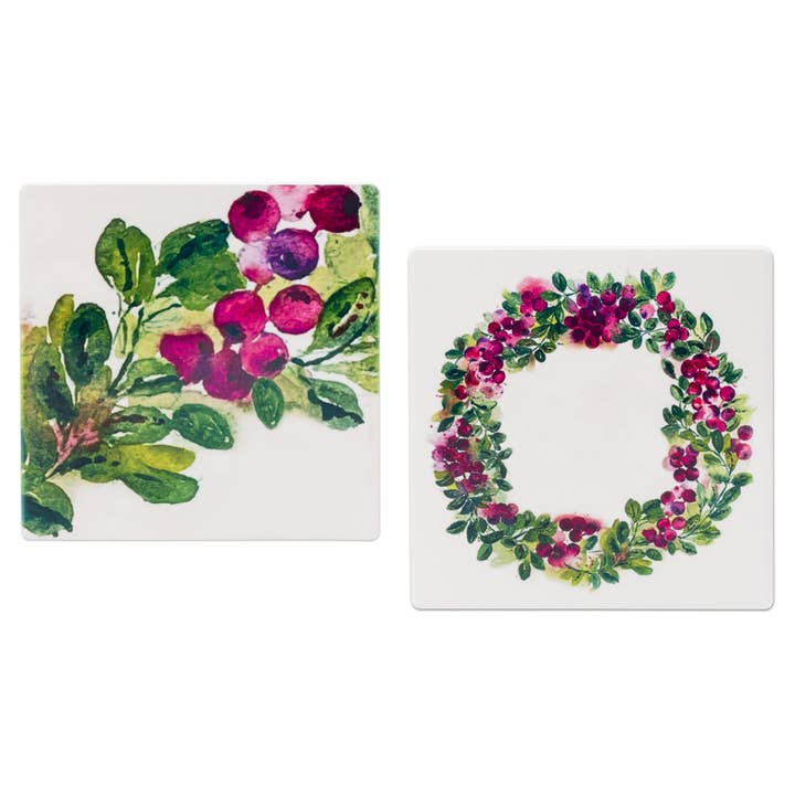 Cranberry Wreath Ceramic 4" Coasters Mangiacotti Christmas for wholesale by Boston International