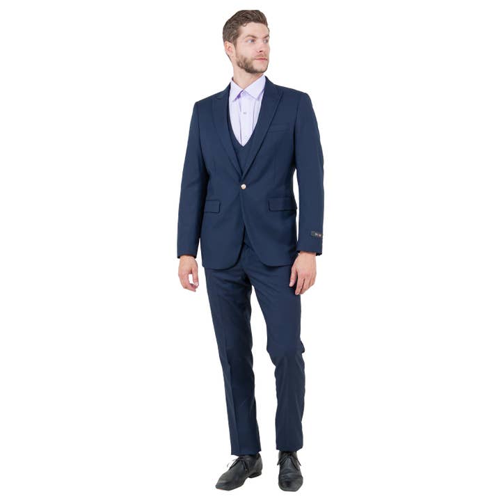 Tazzio 3pc Peak Lapel Suit Set, Double-Breasted Vest, Navy for wholesale by Suits America