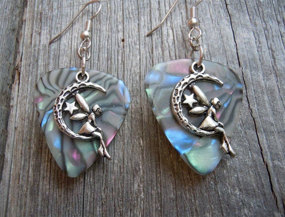 Simply Raevyn - Wholesale Dangle Earrings - Fairy on the Half Moon Charm Guitar Pick Earrings29